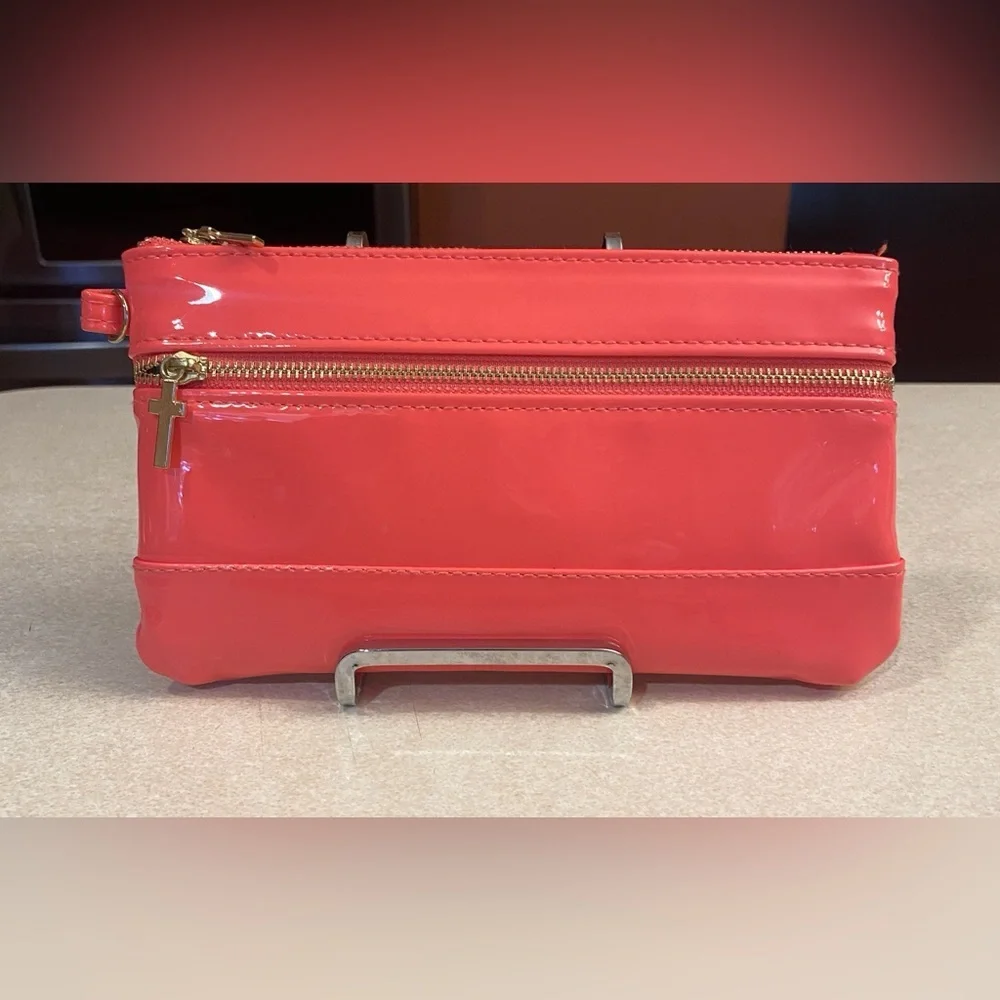 PURSE: Coral/Peach Patent Leather Pouch w/Golden Cross Charm Zipper Pulls, NWOT